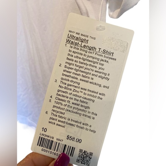 NWT Lululemon ultralight waist length t-shirt WHITE Size: 10 - Picture 5 of 5